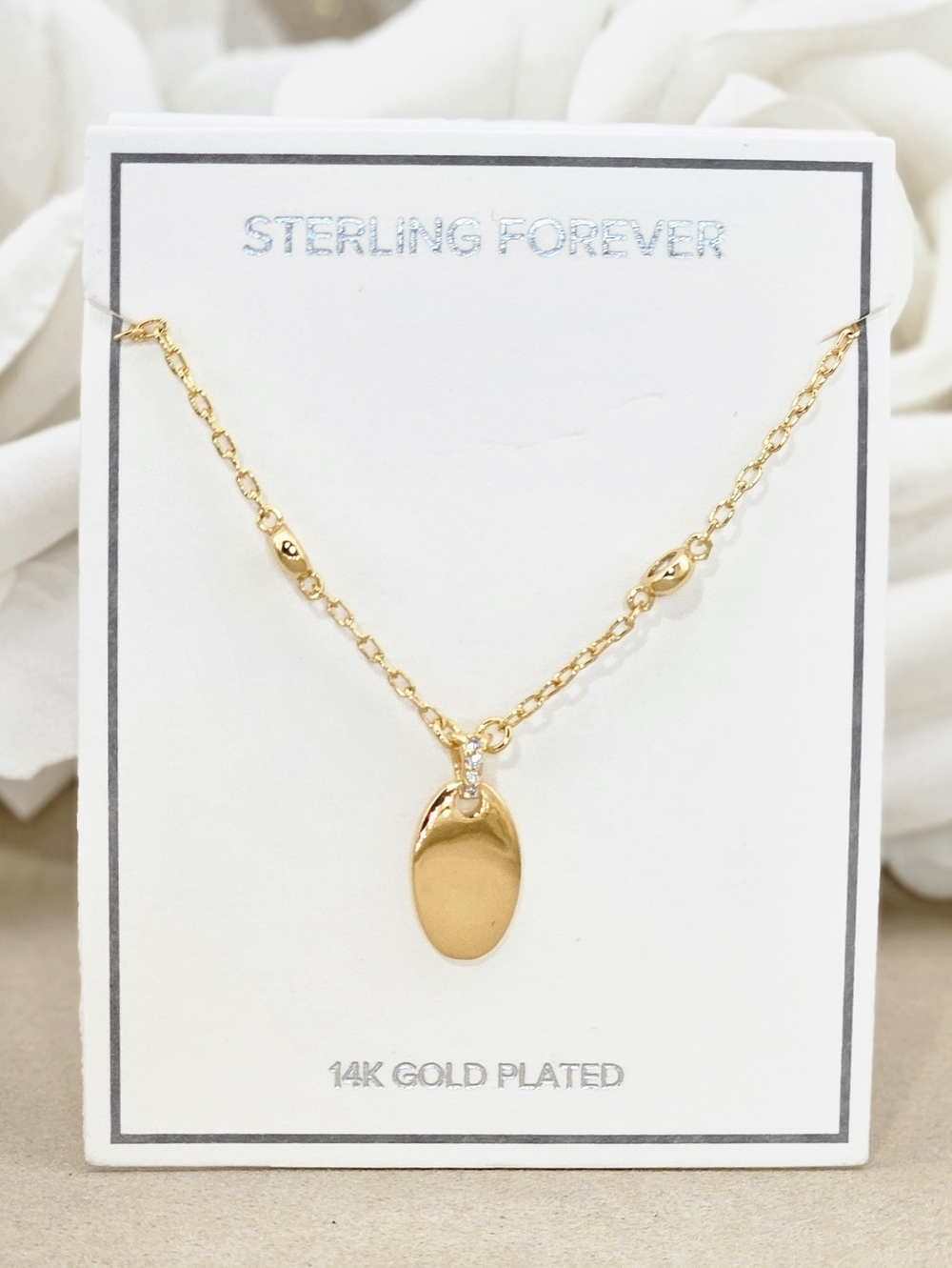 Sterling Forever Necklace 14k Gold Plated Oval Pendant Minimalist Boho Classic